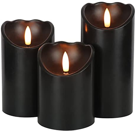 Eldnacele Schwarze LED Kerzen, 3er Set aus Echtwachs mit 6-Stunden-Timer | Stumpenkerzen, flackernde Flamme, 3D-Docht, batteriebetrieben, flammenlos, für Halloween- und Tischdeko