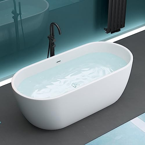 Mai & Mai Freistehende Badewanne aus Acryl 150x78cm Weiß | Oval Standbadewanne inkl. Push-Open Ablaufgarnitur Vicenza518-OA