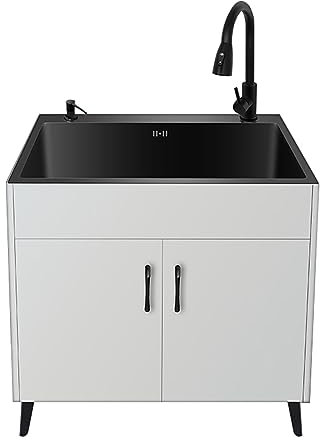 Mobile per Lavello da Esterno, Lavello Multiuso Commerciale in Acciaio Inossidabile Autoportante, Lavello da Cucina Nero con Rubinetto Dell'Acqua Calda e Fredda e Distributore di Sapone, per Esterni (