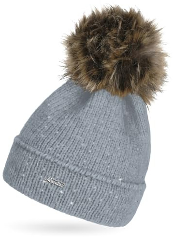 Neverless® Damen Strick-Mütze mit Fellbommel und Innenfutter Fleece Kunstfell Bommelmütze Glitzer-Effekt Umschlag Hellgrau Unisize