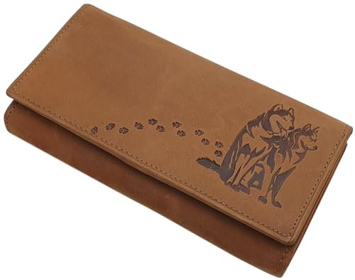 myledershop Große Büffel-Vollleder Damen Geldbörse/Geldbeutel/Portemonnaie/Geldtasche mit Huskies-Motiv und RFID & NFC Schutz (Cognac)