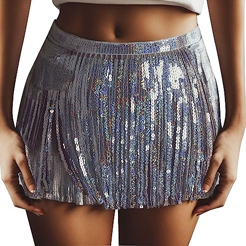 Jupe à franges Boho Rave pour femme - Paillettes à paillettes - Mini jupe à pompons - Danse du ventre - Pour fête du ventre - Costume de fête du ventre - Costume de danse du ventre, argenté, L