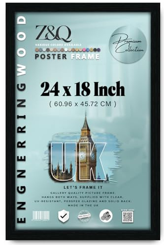 Modern Black 18 x 24 Inch Poster Frame Crystal Clear Aclyic Front Picture Photo Frame 24x18 Inch MDF Backing With Both Ways Hanging Hooks - Home Office Use