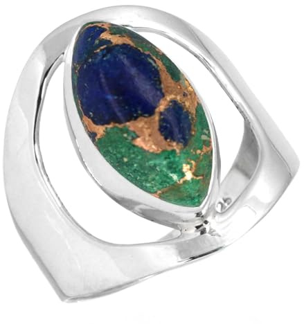 Jeweloporium Bague en argent et azurite multicolore, taille 60, en argent sterling 925 pour femme, bijou bohème en pierre précieuse marquise naturelle.