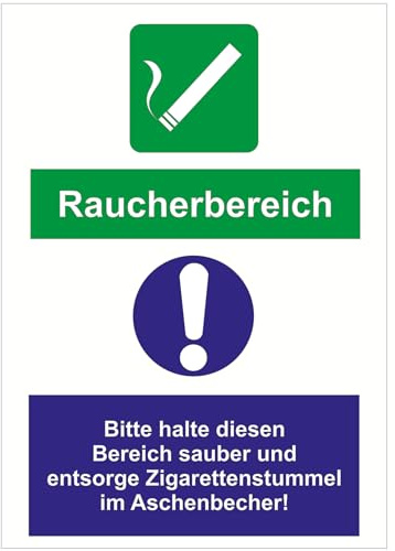 Indigos UG - Schild Raucherbereich sauber - 210x297 - Hotel, Firma, Schutz, KITA, Arzt, Praxis - Sicherheit - Warnung - Aluverbundplatte 3mm, Wohnung - Hinweisschild - Warnschild