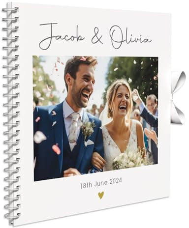 Personalised Photo Wedding Guest Book Keepsakes,Signature Scrapbook, Photo Album Wedding Couple - 20cm x 20 cm - 50 Sheets (Gold Heart Modern, White)