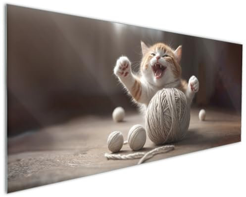 Wallario Küchenrückwand aus Glas 125 x 50 cm, Motiv: Katze mit Wollknäuel | Spritzschutz abwischbar & pflegeleicht