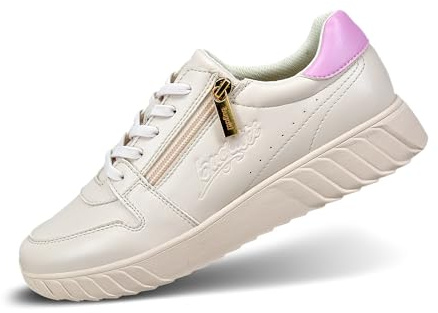 bugatti Damen-Beige-Sneaker mit Lila-Akzenten, Reißverschluss-Detail, Logo-Elementen und gestreiftem Sohlenmuster beige/Trends 40 EU