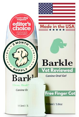 Barkle Vet Reviewed Dog Teeth Cleaning Gel Kit | Eliminate Plaque, Tartar & Bad Breath | Mint Dog Breath Freshener Gel | Puppy & Small Breed Safe | Free Finger Cot Brush (Tube is a 60 Day Supply)