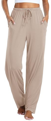 Vlazom Pantaloni del Pigiama Donna Modale Lungo Pantaloni da Notte con Tasche Pantalone Lunghi Morbidi，Beige，S