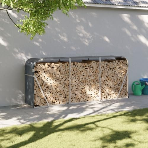 KOIECETA Kaminholzunterstand Kaminholzregal mit viel Stauraum Feuerfest Brennholzregal mit Haken Garten Holzlager Unterstand Anthrazit 234x45x100 cm Verzinkter Stahl