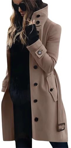 Tomwell Femme Manteau Jacket Bouton Revers Veste Chaud Trenchcoat Manches Longues Cardigan Blazer Manteau OL Vintage Couleur Unie Trench Coat Jacket A Kaki S
