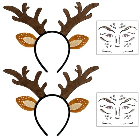 EUPSIIU 2 Stück Haarreif mit Ohren+2 Stück Reh Gesichtstattoo, Haarreif Reh Geweih Hörner Rehohren, Reh kostüm Kopfschmuck Haarreifen, für Fasching Mottoparty Cosplay Halloween (Braun) (Braun)