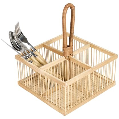 Bamboo Cutlery Holder Caddy Four Compartment Utensil Pot Condiment Holder | Rattan Base, Carrying Handle, Worktop Storage, Dining Table Accessory, Cutlery Tray, Cutlery Caddy, Silverware Storage