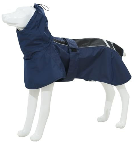 MAMORE Wasserdichter Hunde-Regenmantel, leichte Regenjacke mit reflektierenden Streifen, verstellbare Haustierkleidung mit Loch für Geschirr für Hunde, Marineblau und Schwarz, Größe XXL