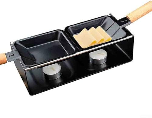 Besttoolifes Double Plate Cheese Melting Set With Candle Heating - Carbon Steel Raclette Grill For Indoor Outdoor Use - Portable Chocolate Warmer For Home Camping Picnics Parties