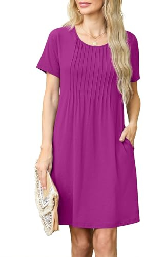 GRECERELLE Robe d'été pour femme - Manches courtes - Col rond - Élégante - Robe fourreau décontractée - Mini robe décontractée - Robe courte - Robe de loisirs - Robe de plage avec poches, Fuchsia, M