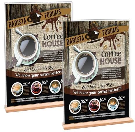 Fonyet 2 pezzi Espositori in acrilico A4 porta menu da tavolo, cartellini dei prezzi con base in legno, per opuscoli, menu, pubblicità, poster