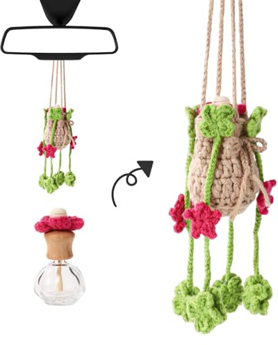 Crochet Car Air Freshener, 12ml Refillable Empty Car Diffuser Bottle for Fragrance Essential Oil with Cute Crochet Clover Plant Car Mirror Hanging Decor Car Accessories for Women