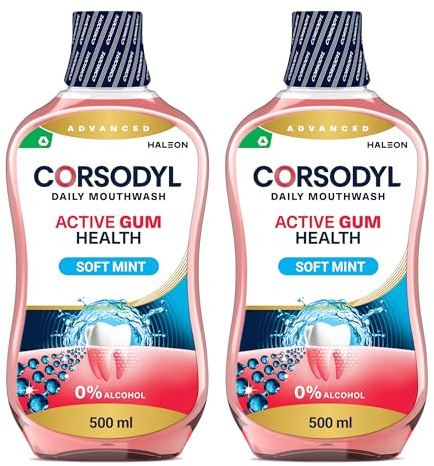 Corsodyl Mouthwash Daily Active Gum Health, Fluoride Mouthwash, Alcohol Free, 500ml (Pack of 2)