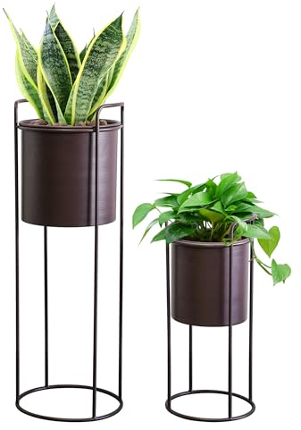 TRIROCKS Set aus 2 Metall-Pflanzständern mit Blumentopf 70 cm & 45 cm Blumenständer für Innen- und Außenbereich, Küche, Wohnzimmer, Ecke, Garten, Balkon, Dekoration (Braun)
