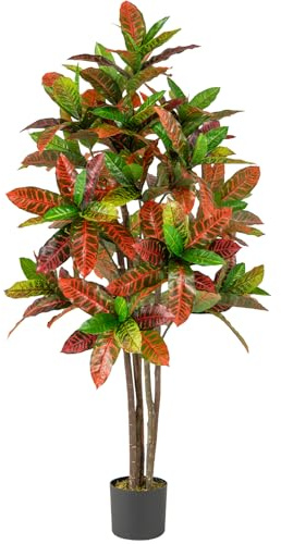 COSTWAY 100CM/150CM Artificial Croton Plant, Fake Croton Palm Tree with Colorful Variegated Leaves, Natural Wood Trunk and Nursery Pot, Realistic Greenery Potted Plant for Office Home (1, 150CM)