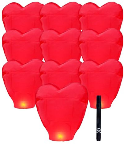 Juego de 10 linternas chinas, linternas para liberar en la memoria, juego de linternas voladoras en forma de corazón rojo con rotulador, linternas de papel conmemorativas para bodas, cumpleaños