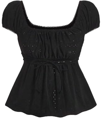GORGLITTER Babydoll Top Damen Spitzen Oberteil Mit Eckigem Ausschnitt Crop Tops Musselin Blusenshirt Elegant Dirndl Bluse Mit Knoten Schwarz S