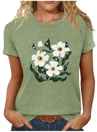 Camiseta Mujer Manga Corta Verano Estampado Floral Cuello Redondo Moda Suelto Casual Túnica Tops Algodón Fiesta Tshirt Camisa Elegante Cómodo Original Basic tee 2026