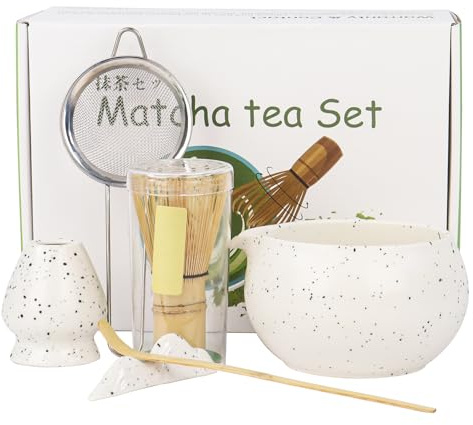 Matcha Tea Set with Whisk, Ceramic Bowl, Scoop & Holder Matcha Whisk Set for Matcha Tea Ceremony(White)