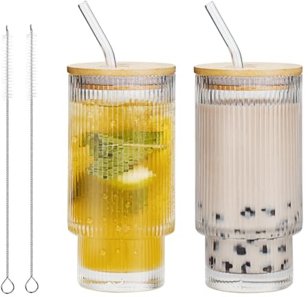 XWXO Iced Coffee Cups with Lids and Straws, 16 OZ Glass Tumbler with Bamboo Lid and Straw, Glasses Drinking Set for Coffee, Tea, Juice, Smoothies, Hot or Cold Drinks at Home, Office (Medium-16OZ)