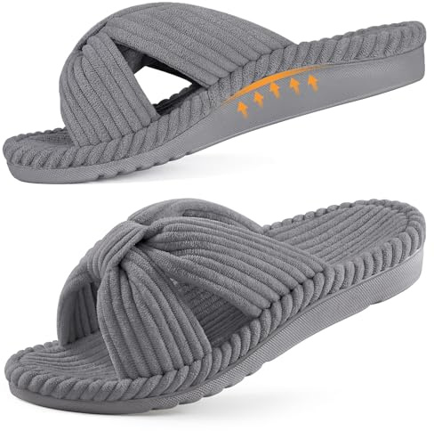 Litfun Orthopedic Arch Support Slippers for Women Comfortable Open Toe Indoor House Slippers Corduroy Cross Bow Bedroom Shoes for Plantar Fasciitis, Grey 41