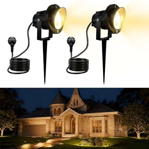 Meision Gartenstrahler 10W Warmweiß, Gartenbeleuchtung mit Strom + Erdspieß + IP65 Wasserdicht + 1.5 Meter Kabel + Superhell Aluminium, LED Strahler Außen für Garten Rasen Terrasse, 2 Stück