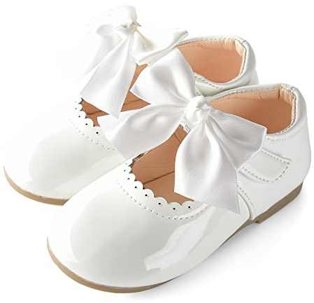 JerrisApparel Scarpe Bambina Vernice Fiocco Abito Mary Jane Ballerine (30 EU, Bianco)