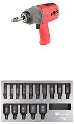 Ingersoll-Rand 2236QTIMAX-R DXS2 Druckluft-Schlagschrauber, Leise, 2034 Nm Drehmoment, Titan-Hammergehäuse, Reibring, Rot mit DXS2 Deep metrisch Schlagstecknuss Satz, 15-teilig, Chrom-Molybdän-Stahl