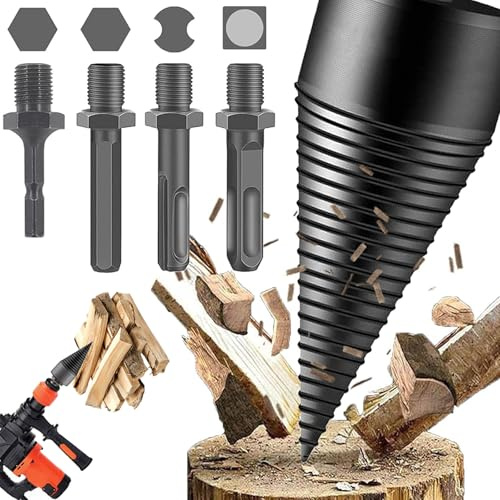 Bebochoi Broca Divisora de Leña, 50 mm Taladro Divisor de Leña con 4 Mangos, Broca para dividir troncos de leña extraíble, cortador de cono, para Martillo Eléctrico, Taladro de Impacto