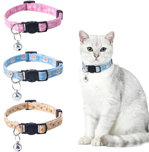3 Pack Cat Collar with Breakaway Buckle, Quick Release Safety Kitten Collars with Bell Adjustable Pet Collar with Cute Pattern (Bee, Fishbone, Little Cat)