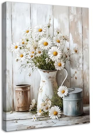 Dazzlewall Gänseblümchen Blüten Wandkunst, Vintage Rustikale Botanische Leinwanddruck für Landhaus Badezimmer Schlafzimmer Wohnzimmer Mit Rahmen 30x40 cm