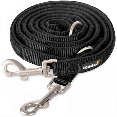 Rudelkönig Führleine Bella - Verstellbare Hundeleine 2,30m Schwarz | Neopren & Nylon gepolstert, 360° Drehkarabiner - für mittelgroße & große Hunde - Umhängeleine & Doppelleine