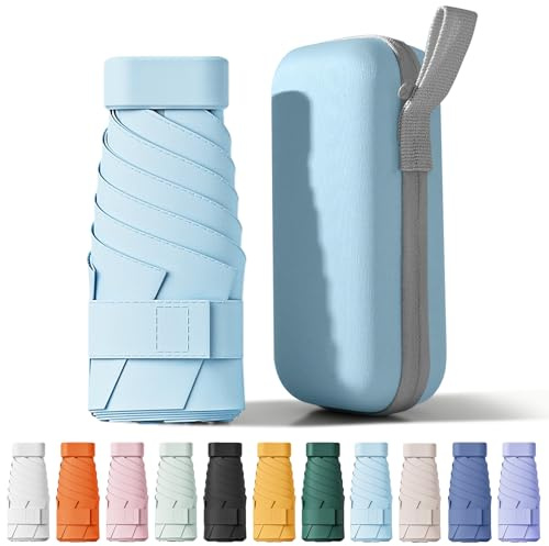 FWHFNB Ombrello Piccolo, Mini Ombrello Tascabile, Pieghevole Ombrellos da Viaggio, Ombrellos Anti-Uv Per Pioggia, UPF 50+, Portatile Leggero Compatto, per Donne Uomini (Azzurro cielo)