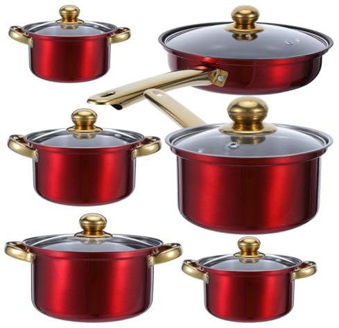 SOIMISS 6Pcs Stainless Steel Cookware Set Non Stick Pots and Pans Glass Lids Induction Compatible Soup Stock Frying Pan Home Chef Kitchen Cooking Utensils Food Prep Boil Bake Tools 17.5 Inches Red