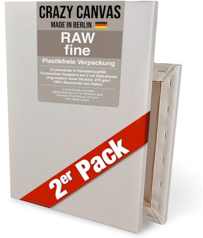 CRAZY CANVAS Leinwand zum Bemalen RAW Fine 50x50 cm, 2er Pack | Ungrundierte Leinwand auf Keilrahmen - feine Struktur, helle Optik, 270 g/m² - Premium Kunstbedarf Made in Berlin