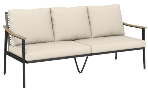 Outsunny Gartensofa 3-Sitzer Rattan Loungesofa Abnehmbar Kissen Khaki | Holzoptik-Armlehnen, Stahlrahmen, Wetterfest, Gartenbank, Outdoor Sitzbank, Gartenmöbel für Garten Terrasse