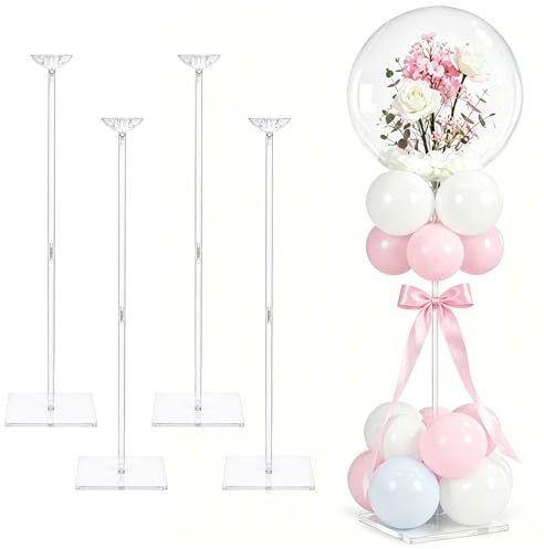 ANTREATU Confezione da 4 supporti per palloncini in acrilico per tavolo, altezza regolabile 30/60 cm, supporto trasparente per palloncini con base quadrata, bastoncini riutilizzabili per centrotavola