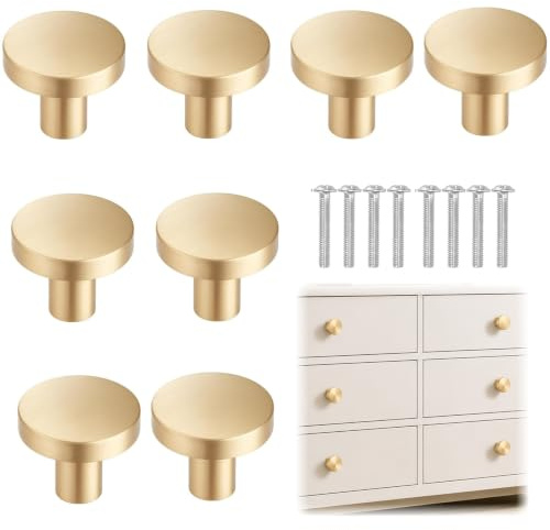 Wismont 8 Pcs Gold Drawer Knobs Round Brass Cabinet Knobs with Screws, 2.5×2.5×2 Cm Elegant Gold Knob for Drawers, Cupboard Knob, Wardrobe Handles and Furniture Decor, Anti-Rust & Smooth Edge