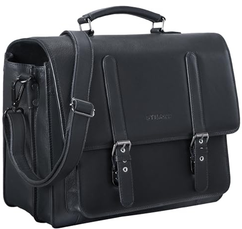 STILORD Andro Lärar Aktentasche Läder Vintage Axelväska med 14 tum Laptopfack Affärsväska för breda DIN A4 Dokument Mappar av äkta läder Farbe:Svart