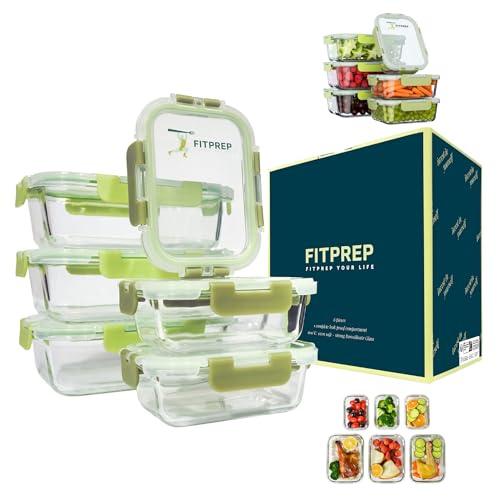 FITPREP Glasbehälter mit Deckel 12 teiliges Set [3 x 1040ml +3 x 370ml Vorratsdosen + Verschluss] Premium Vorratsdosen mit Deckel luftdicht für Meal Prep, Meal prep boxen, Lunchbox ideal für die Küche