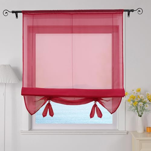 ESLIR Raffrollo Wohnzimmer Raffgardine Tunnelzug Gardinen Küche Transparent Bändchenrollo Vorhänge Modern Voile Rot BxH 60x155cm 1 Stück