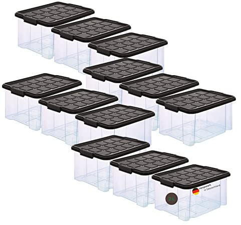 Novaliv 12x Kleine Aufbewahrungsboxen mini transparent mit Deckel Grau Anthrazit Plastic storage box Kunststoffbox