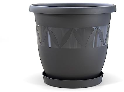 Plastard Blumentopf Durchmesser 40 cm mit Untersetzer Farbe Anthrazit runder Pflanzkübel Blumenkübel Gartentopf aus Kunststoff witterungsbeständiger für Innen und Außen